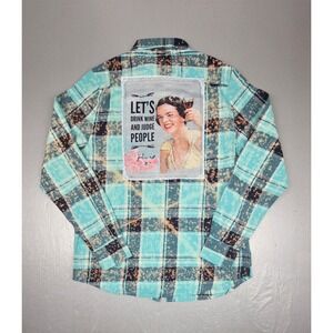 Angry Minnow Flannel Shirt Medium Bleached Let's Drink Wine and Judge People NWT